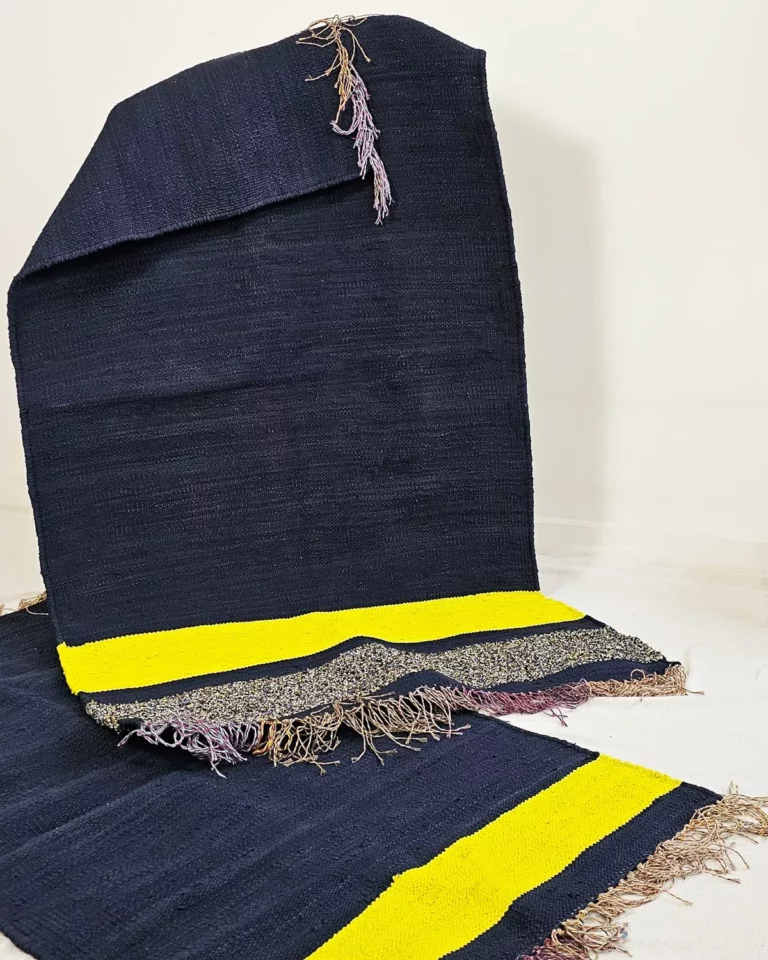 Kilim en coton recyclé fait main - BLUZE | Bleu & jaune artisanal