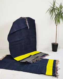 Tapis kilim BLUZE en coton recyclé – fait main – nuances bleu et jaune – déco naturelle