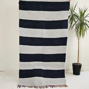 Détail 1, Kilim rayures fait main – STRABLUE | Coton recyclé bleu & gris Anaspika