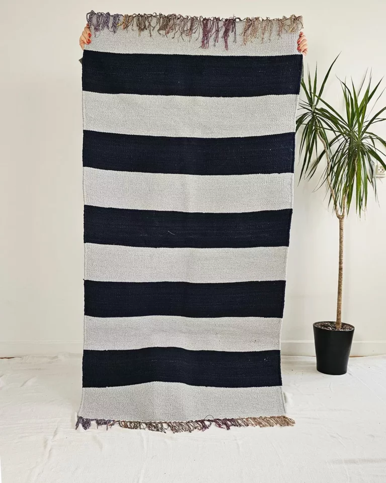 Kilim rayures fait main - STRABLUE | Coton recyclé bleu & gris