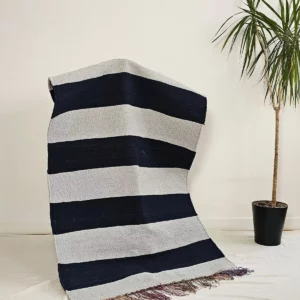 Détail 2, Kilim rayures fait main – STRABLUE | Coton recyclé bleu & gris Anaspika