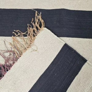 Détail 3, Kilim rayures fait main – STRABLUE | Coton recyclé bleu & gris Anaspika