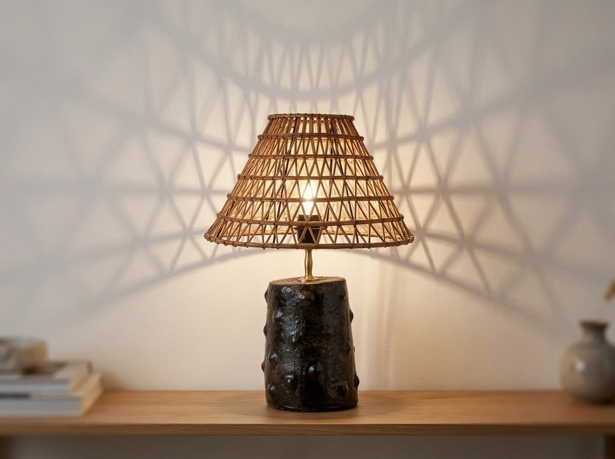 Lampe en poterie de Sejnane allumée projetant une ombre tressée sur un mur clair